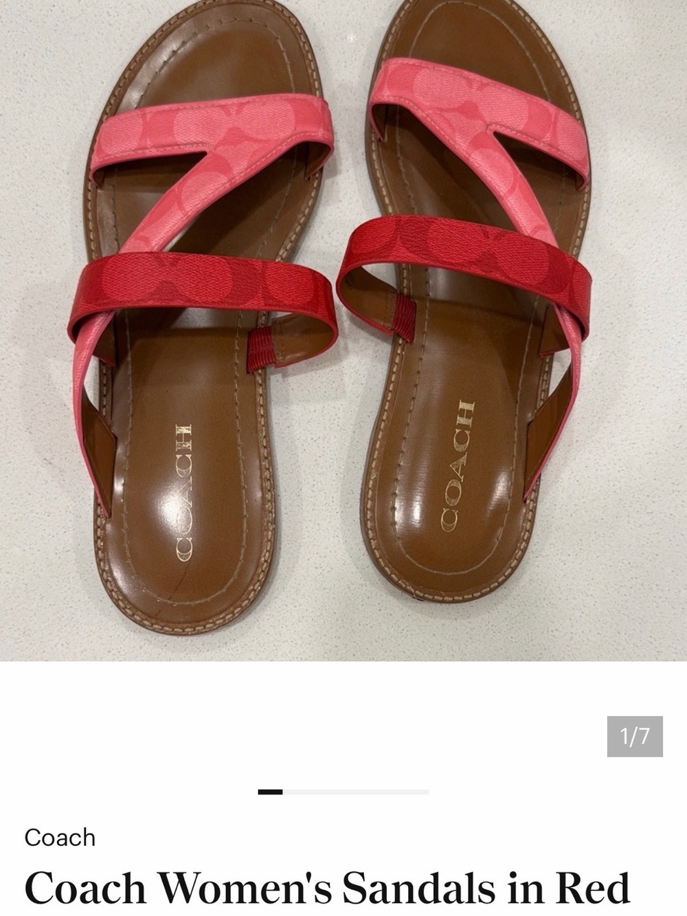 Coach Women's Pink and Red Leather Slide Sandals